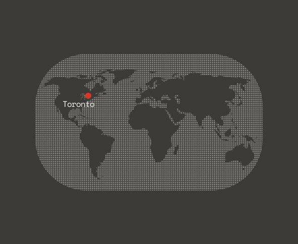 A map of the Earth, pinpointing Toronto where 1280 labs is based.